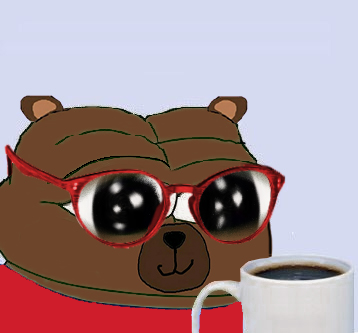 Bobo wearing red sunglasses with his morning coffee
